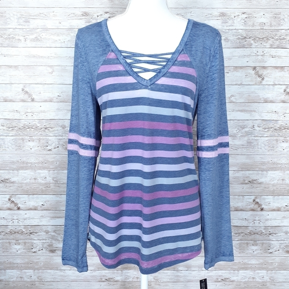 Derek Heart Top Raglan Striped Tee Pink Blue 195